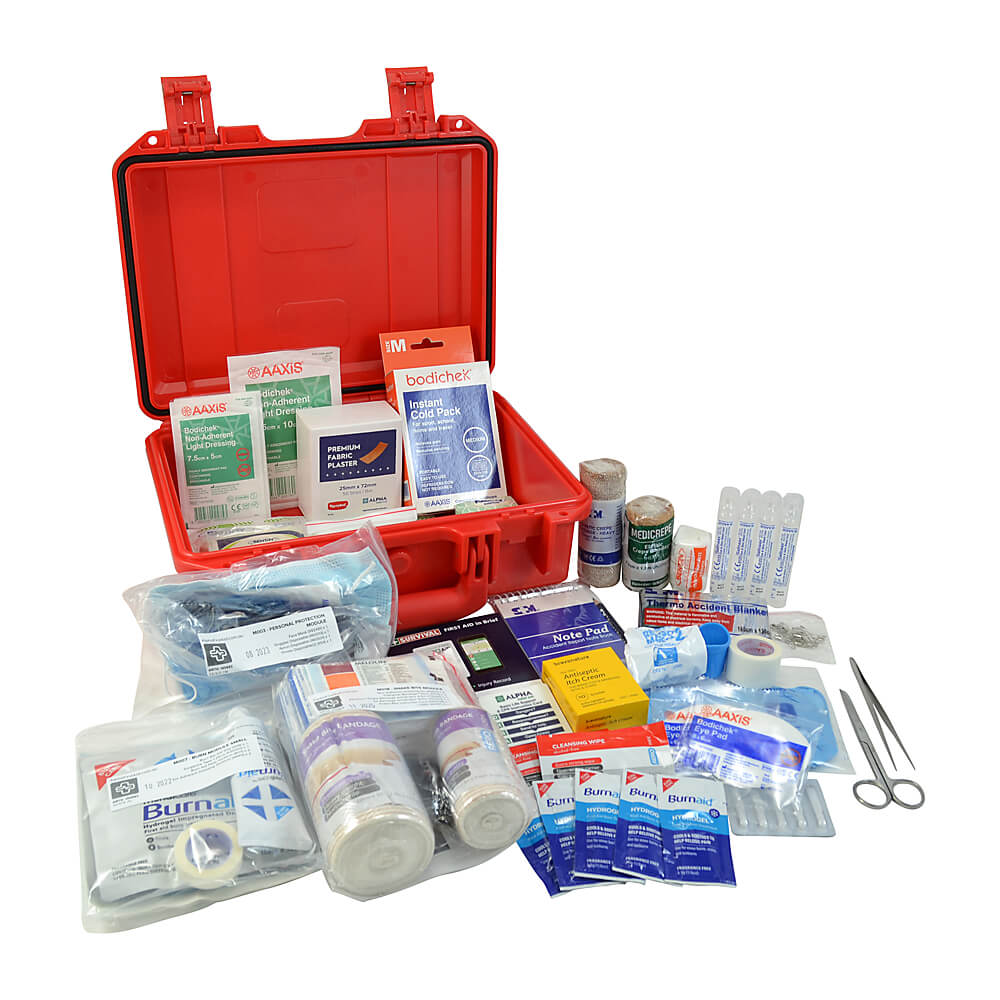 Open red case with first aid contents displayed